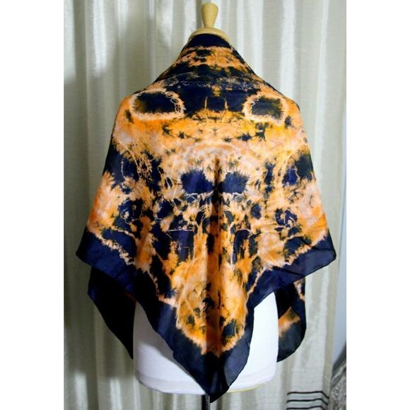 44"x45" BLUE ORANGE WHITE ARTWORK HANDROLLED 100%SILK WOMEN'S SCARF SHAWL WRAP - Picture 1 of 5